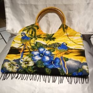 Vibrant Yellow and Blue Floral Tote with Bamboo Handles
